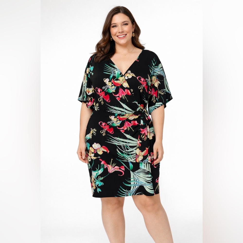 Jennifer Lopez Black Floral Faux Wrap Dress | Size 0X